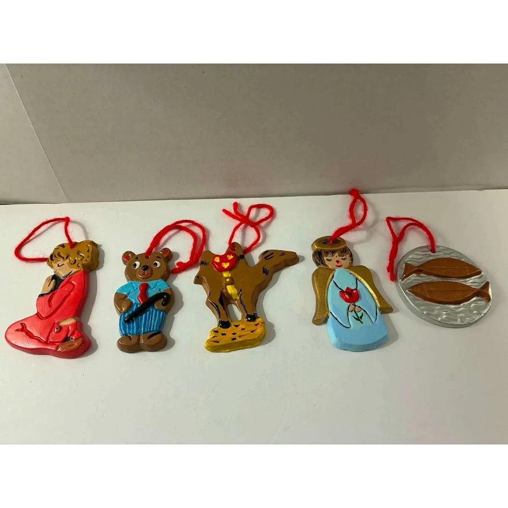 Vintage Handmade Christmas Ornament Lot of 5 Angel Reindeer Bear Child Fish 1974